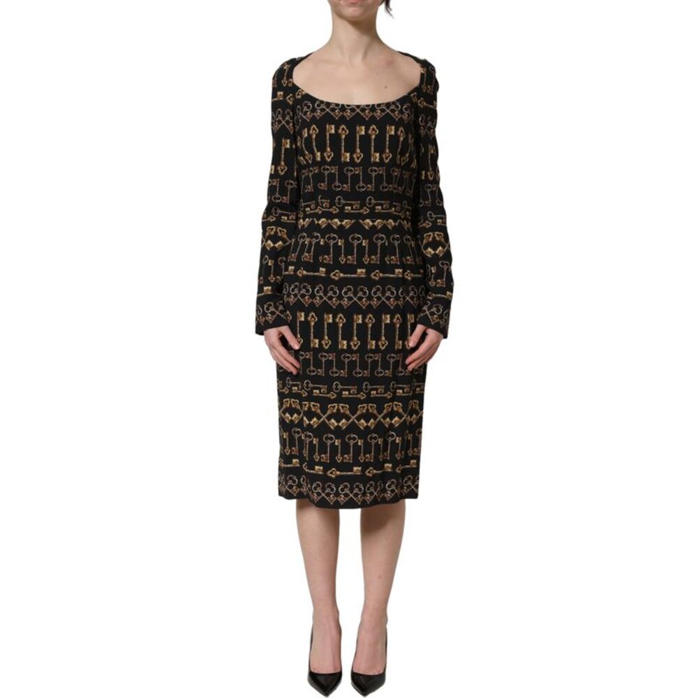 Dolce & Gabbana Black Key Print Long Sleeves Sheath Midi Women's Dress